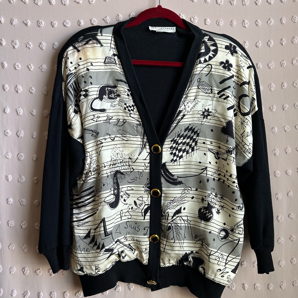 St. John Separates Musical Notes Cardigan Sweater Sz L